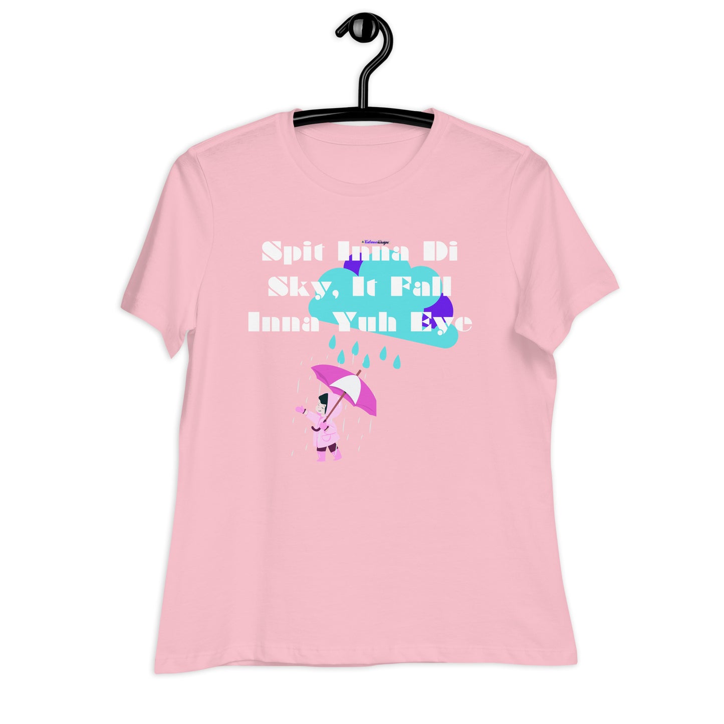 Spit Inna Di Sky, It Fall Inna Yuh Eye, Little Child With Umbrella in Raincoat, Cloud Rainy Calmness Designs, Women's Relaxed T-Shirt