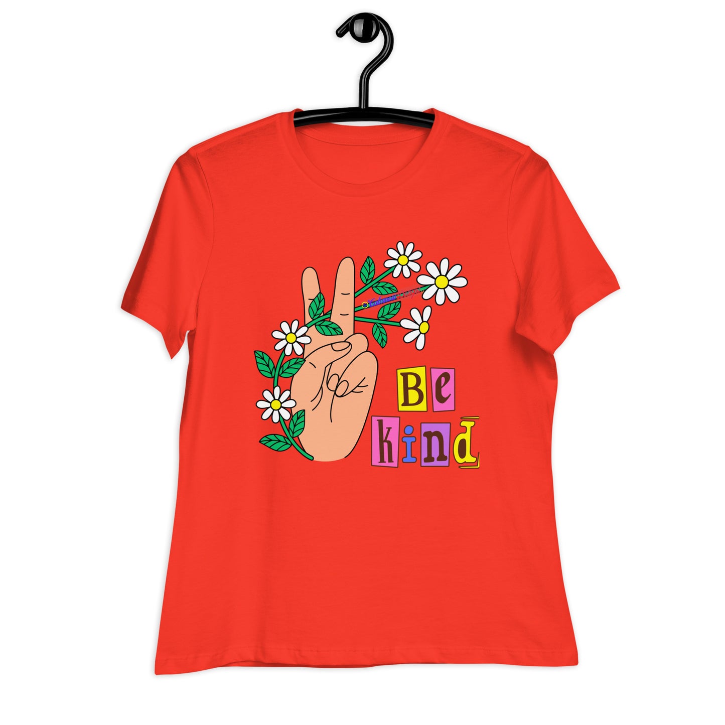 Hand Peace Sign With Flowers, Be Kind, Calmness Designs, Women's Relaxed T-Shirt