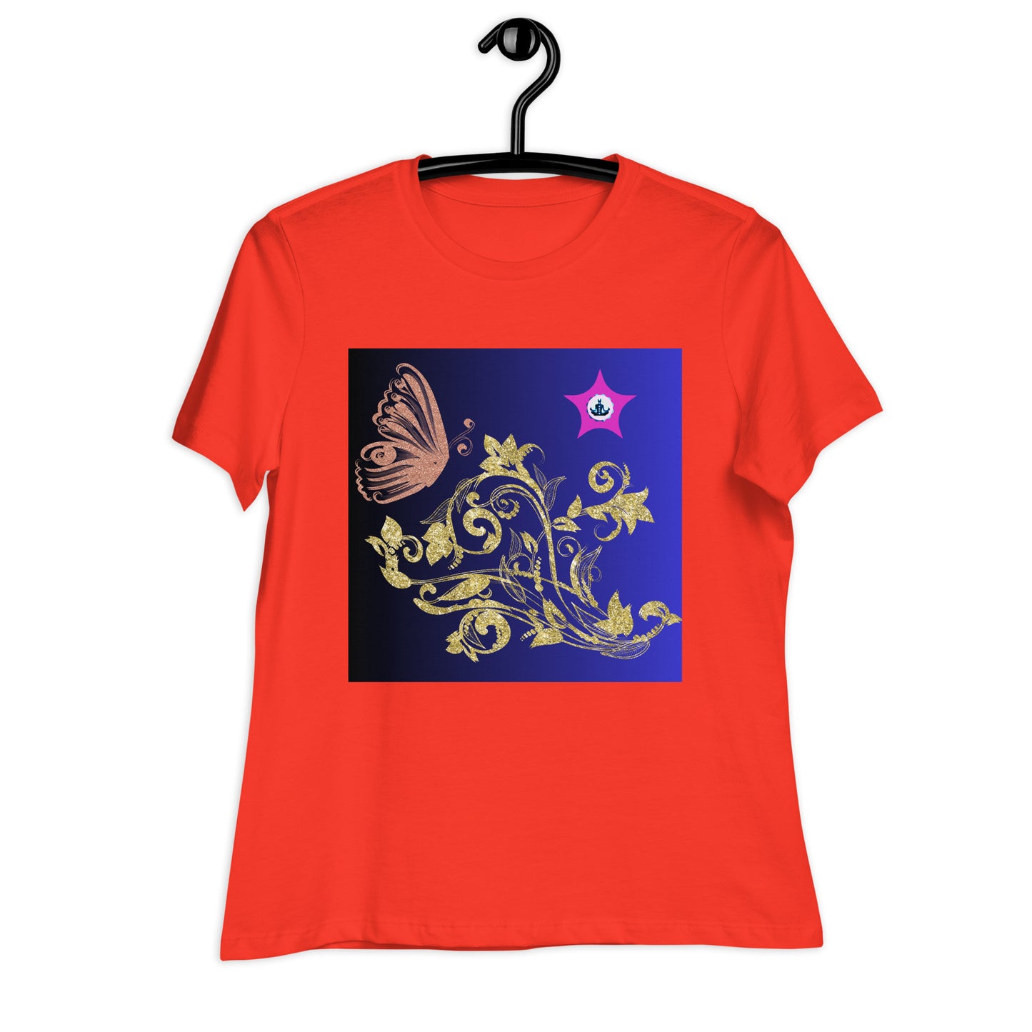 Gold Flower Plant With Butterfly, CALMNESS DESIGNS, Creative Designer's, Women's Relaxed T-Shirt