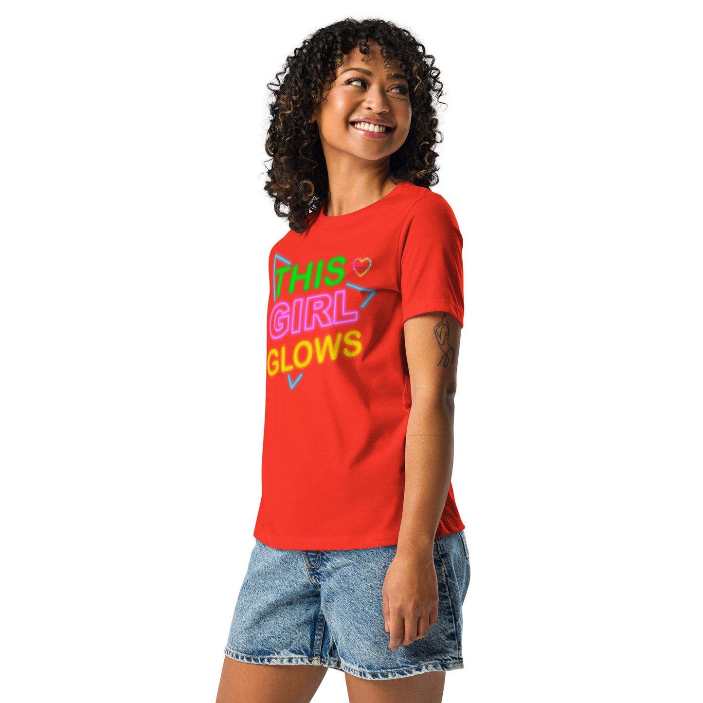 This Girl Glows Neon-Sign, Blue Triangle, CALMNESS DESIGNS, Creative Designer's, Women's Relaxed T-Shirt