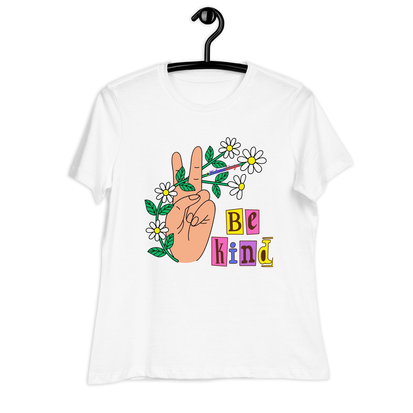 Hand Peace Sign With Flowers, Be Kind, Calmness Designs, Women's Relaxed T-Shirt