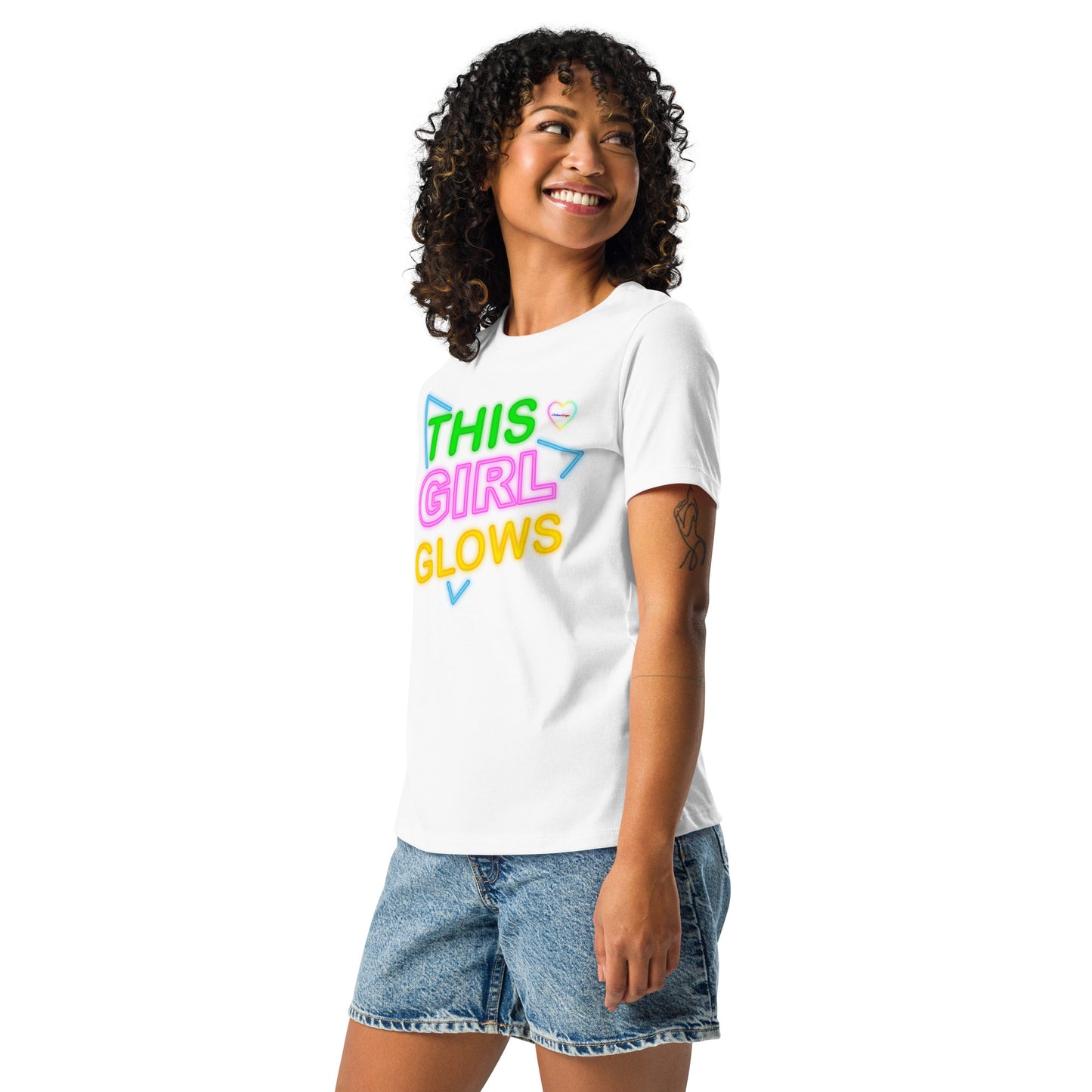 This Girl Glows Neon-Sign, Blue Triangle, CALMNESS DESIGNS, Creative Designer's, Women's Relaxed T-Shirt
