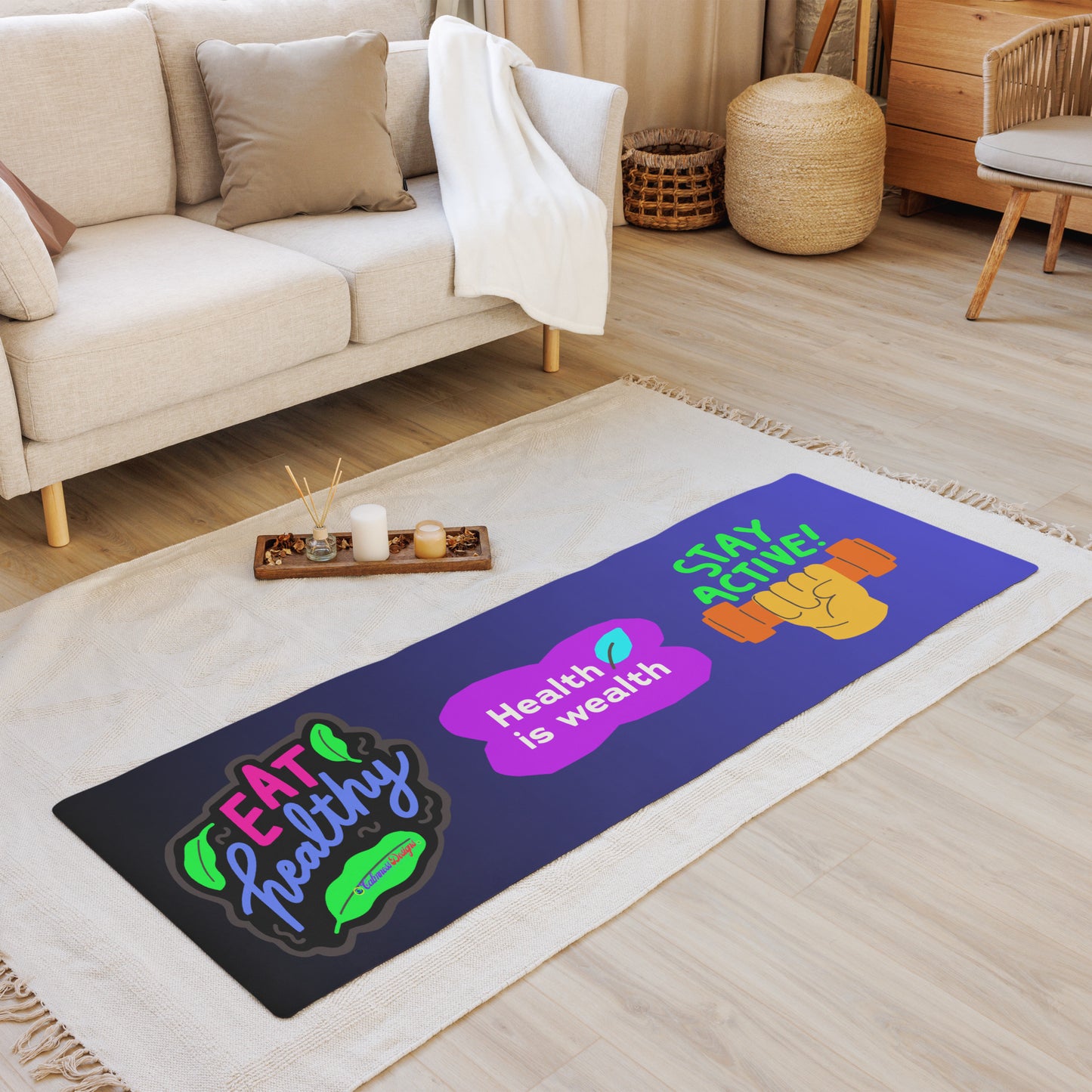 Stay Active, Hand holding Dumbbell, Eat Healthy, Leaves, Health is Wealth, CALMNESS DESIGNS, Creative Designer's, Yoga mat