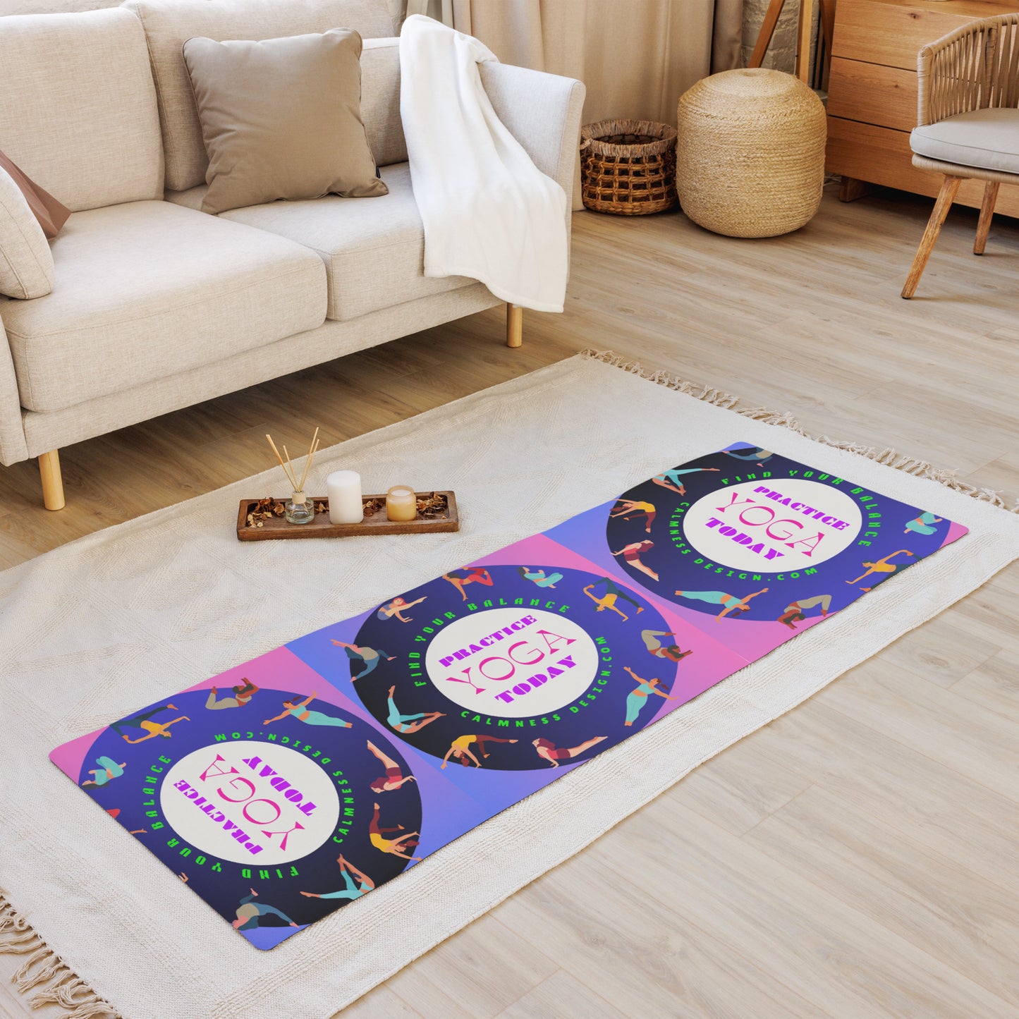 Colorful Illustrated Practice Yoga Today, FIND YOUR BALANCE, CALMNESSDESIGN.com, Creative Designer's, Yoga mat