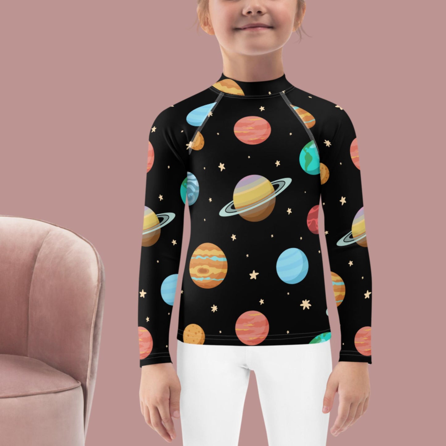 Dark Solar System Space Seamless Pattern, Kids Rash Guard