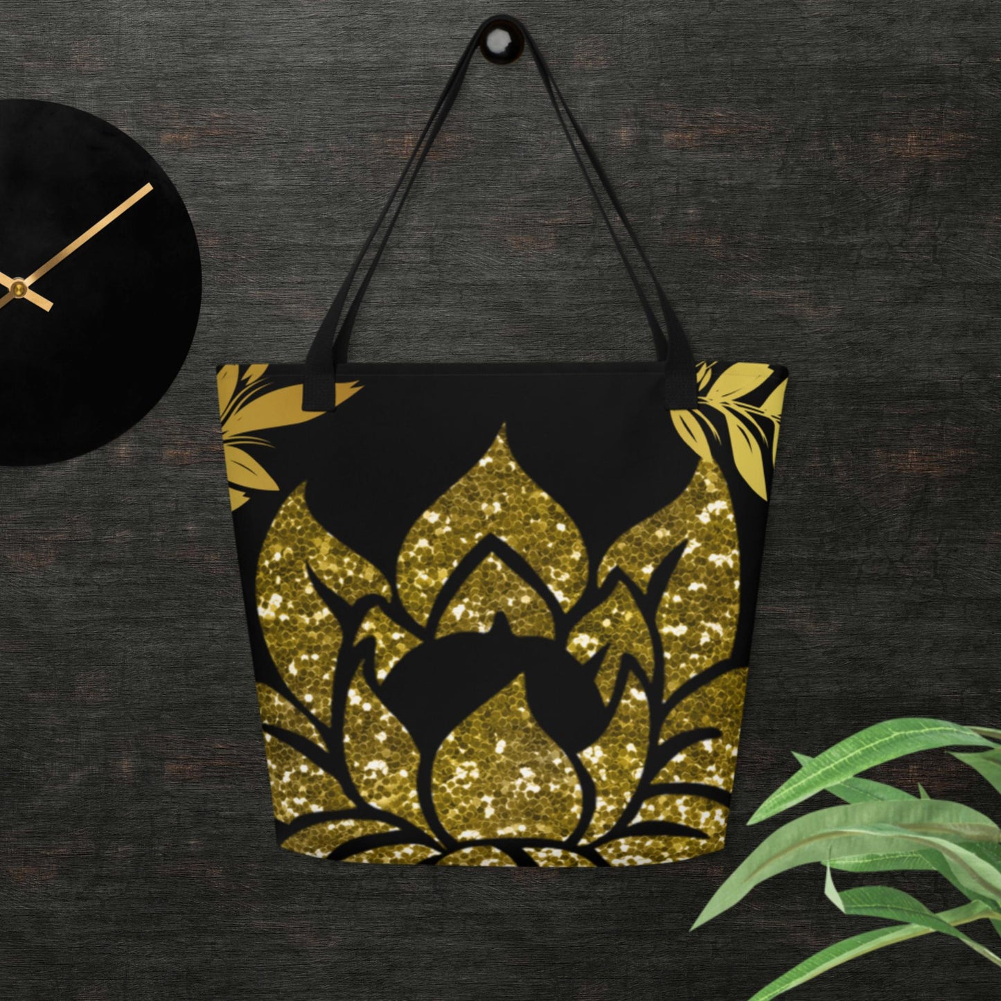Gold Glitter Lotus Flower, All-Over Print Large Tote Bag