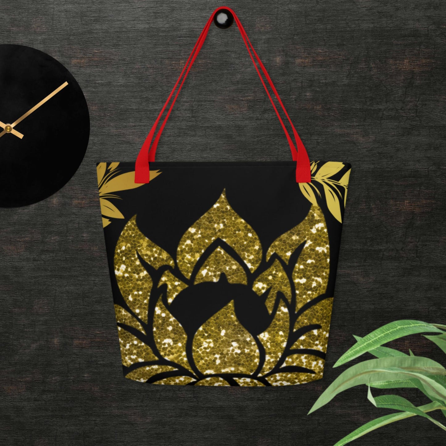 Gold Glitter Lotus Flower, All-Over Print Large Tote Bag