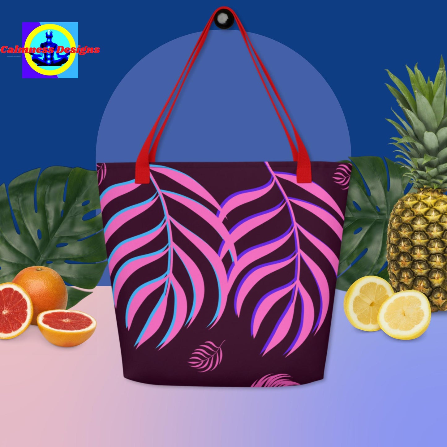 Pink October Leaves Areca Palm, All-Over Print Large Tote Bag