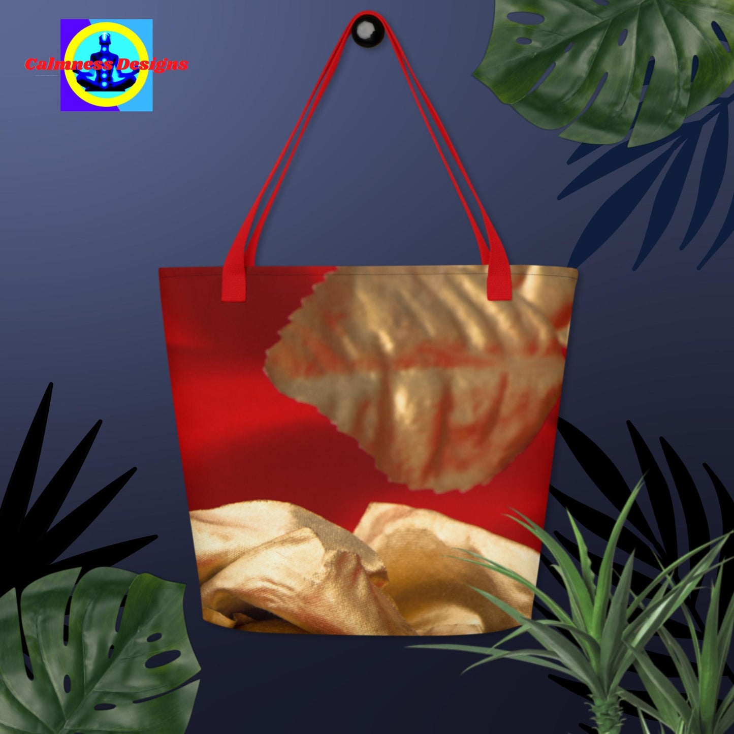 Golden rose, Red satin background, All-Over Print Large Tote Bag