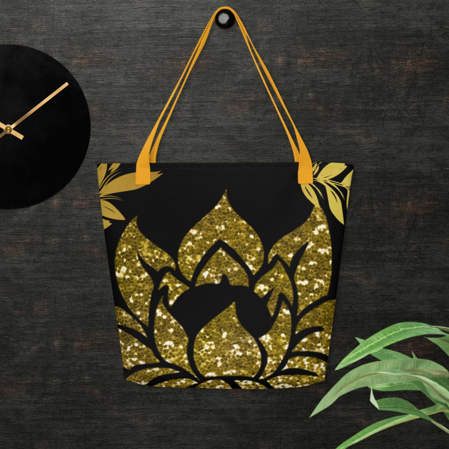 Gold Glitter Lotus Flower, All-Over Print Large Tote Bag