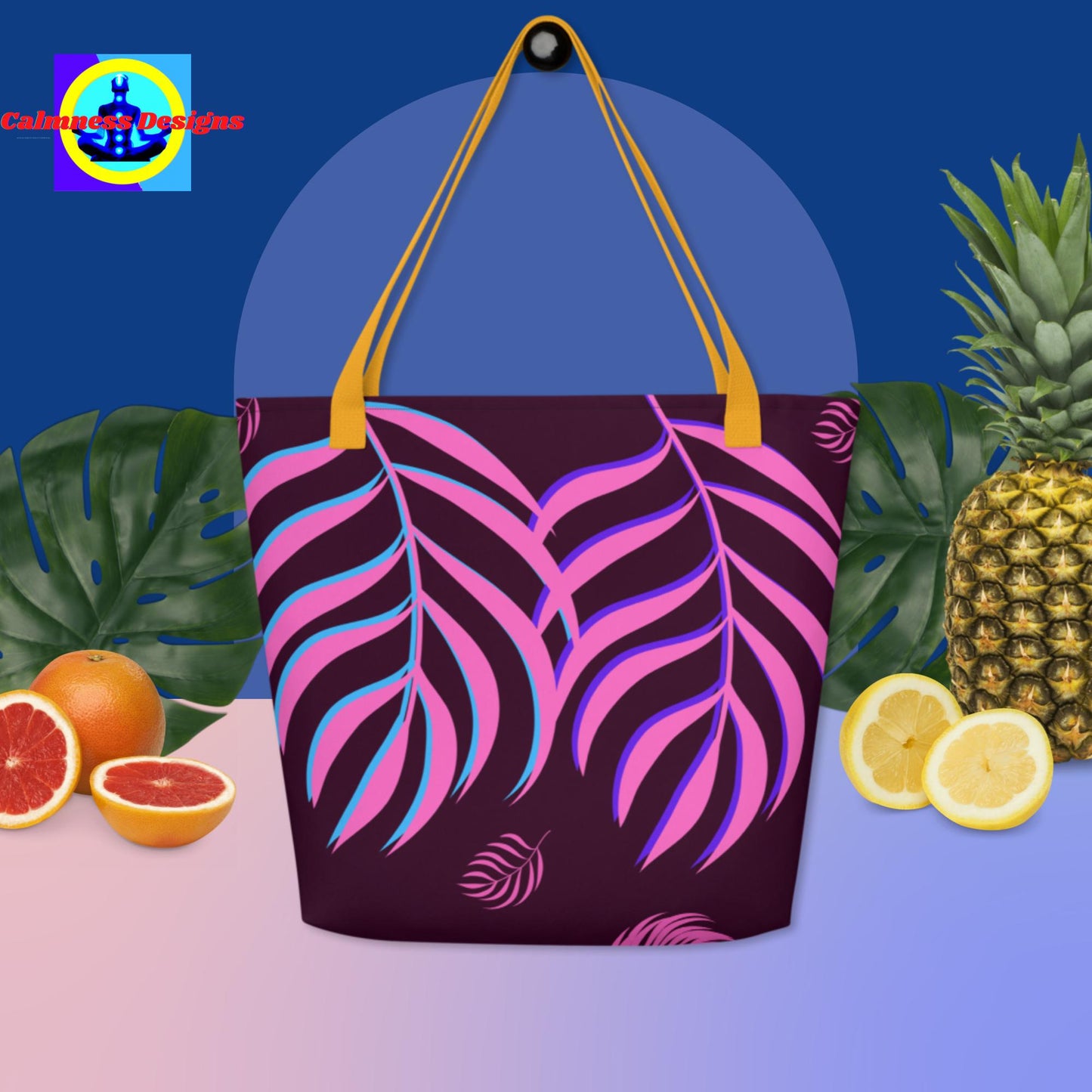 Pink October Leaves Areca Palm, All-Over Print Large Tote Bag