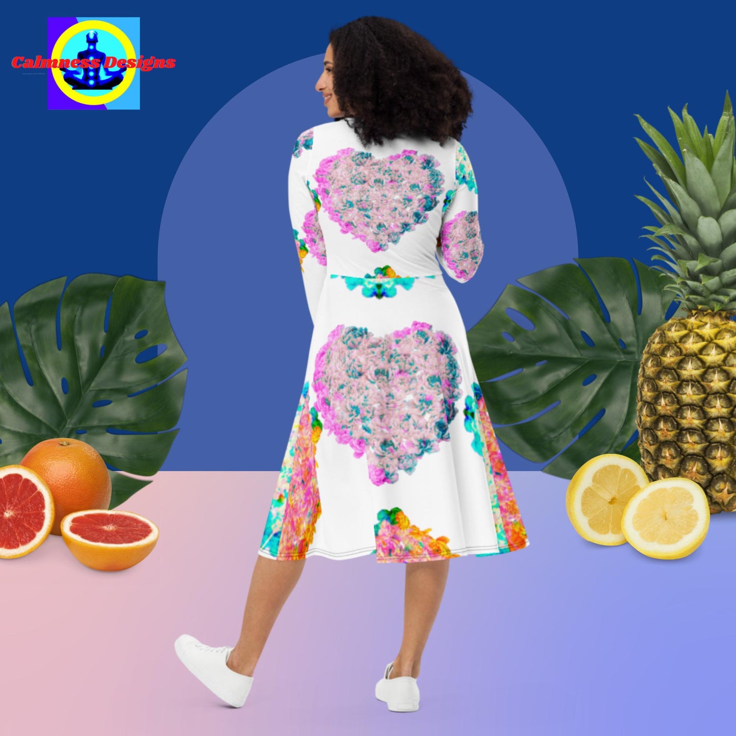 Hearts of Flowers for Valentines, All-over print long sleeve midi dress
