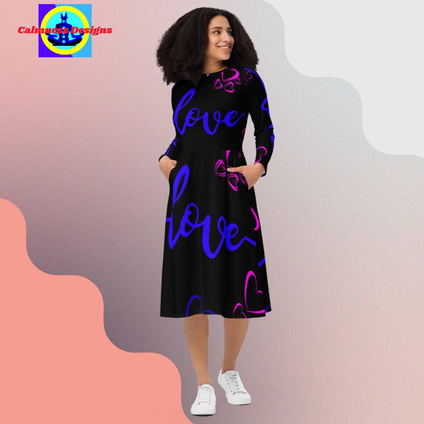 Love, Arrow, Hearts, All-over print long sleeve midi dress