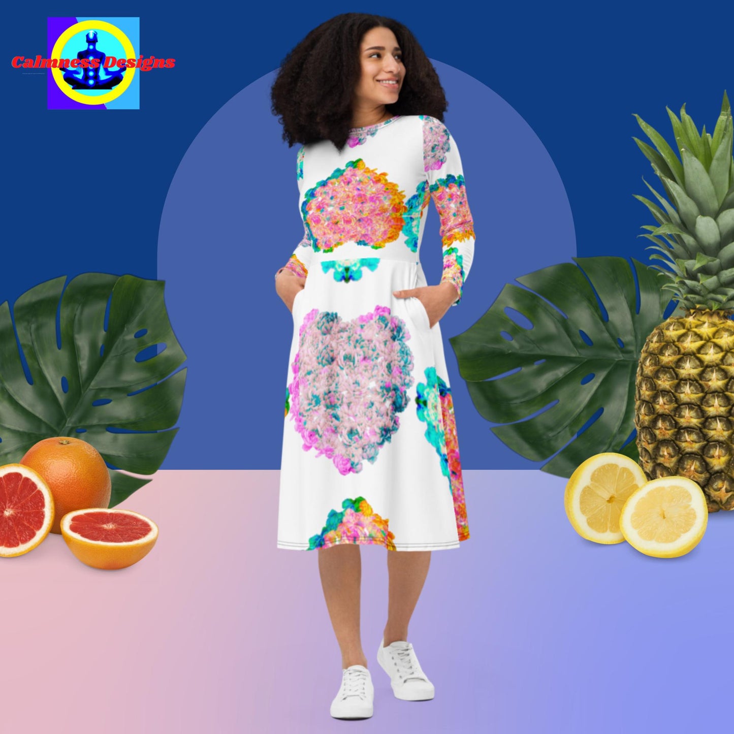 Hearts of Flowers for Valentines, All-over print long sleeve midi dress