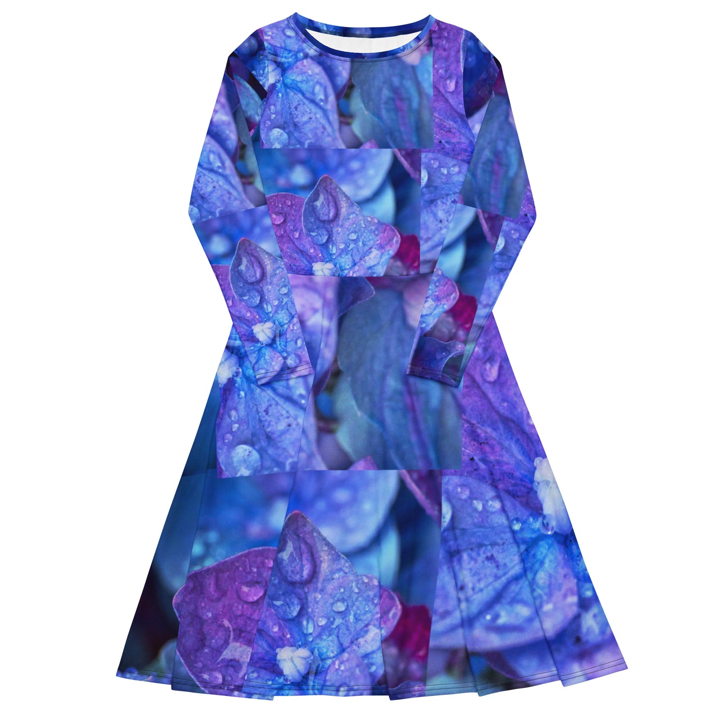 Wet Hydrangea Flowers, All-over print long sleeve midi dress