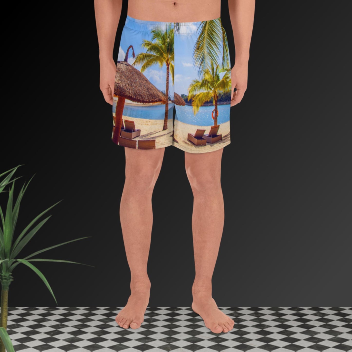 Cabanas-Huts Settings Beach, Men's Recycled Athletic Shorts