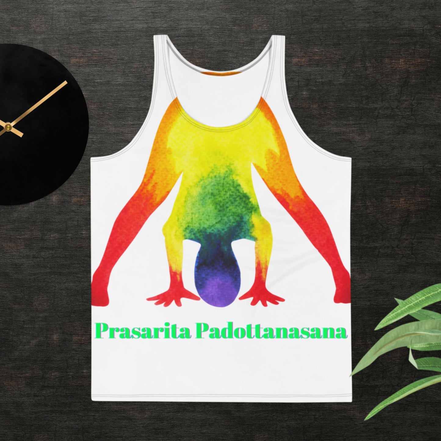 rainbow Woman Body in Wide Legged Forward Bend Pose Prasarita Padottanasana, unisex Tank Top