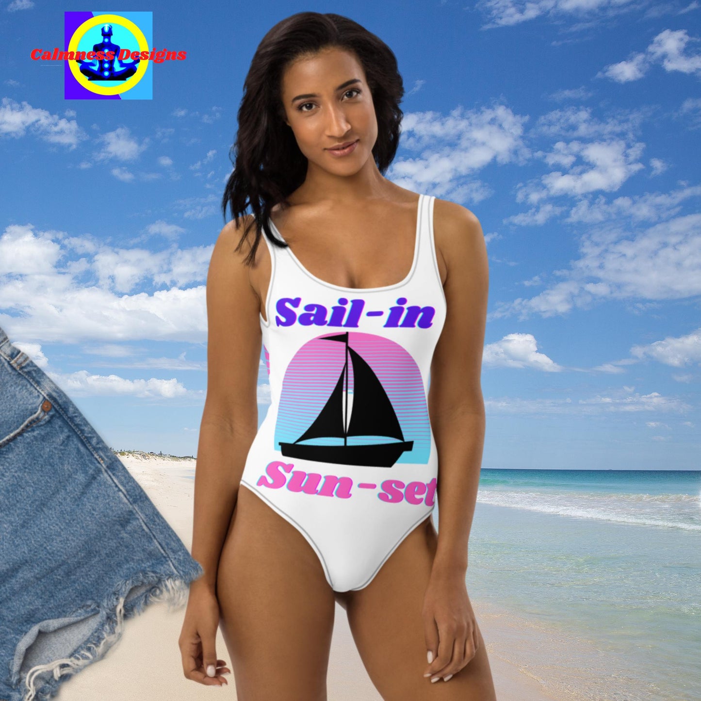 Sail-In, Sun-Set, Sail-boat, One-Piece Swimsuit