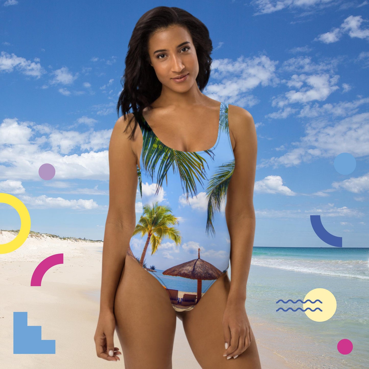 Cabanas-Huts Settings Beach, One-Piece Swimsuit