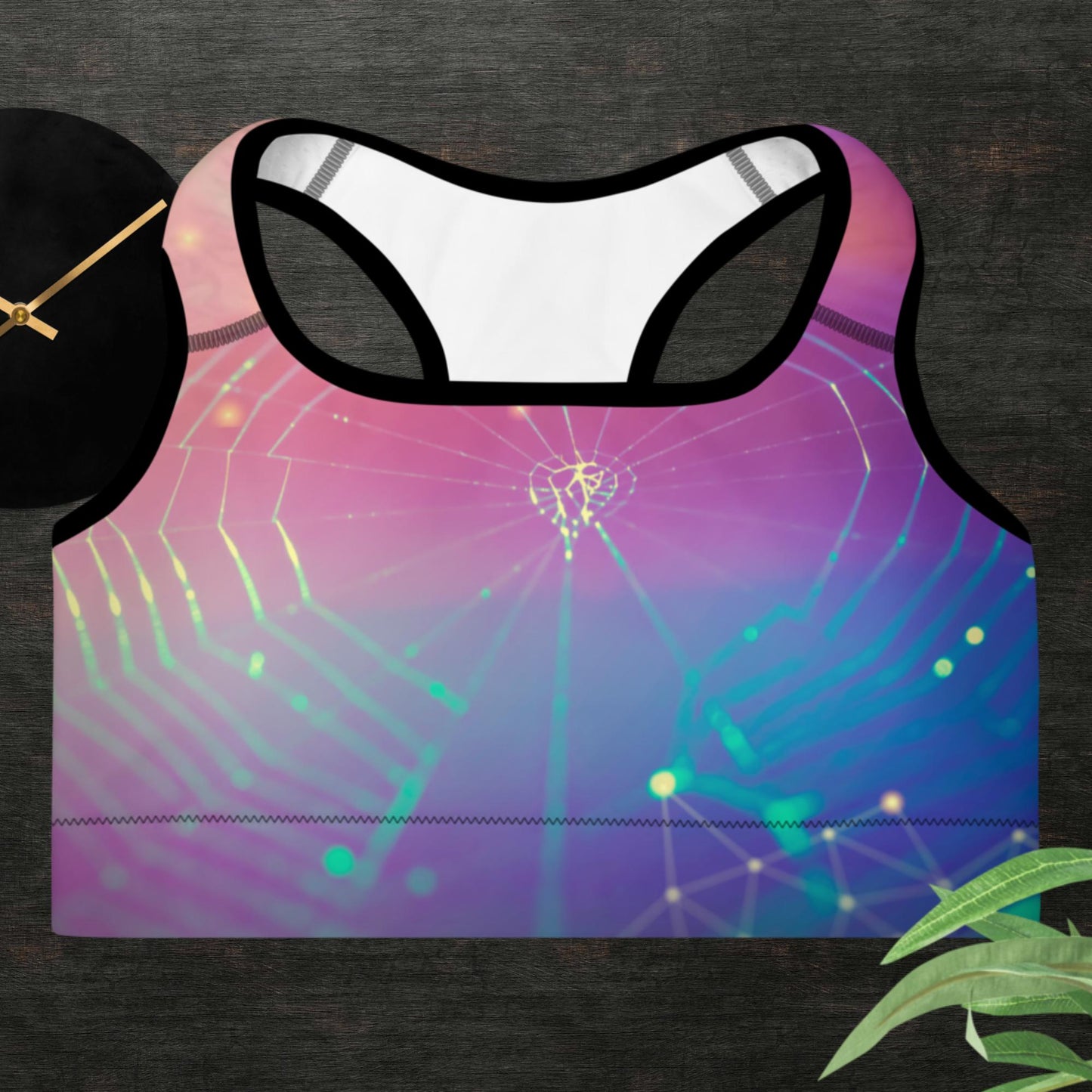 Network connection and technology concept, of spider web with lines and dots symbol, Padded Sports Bra