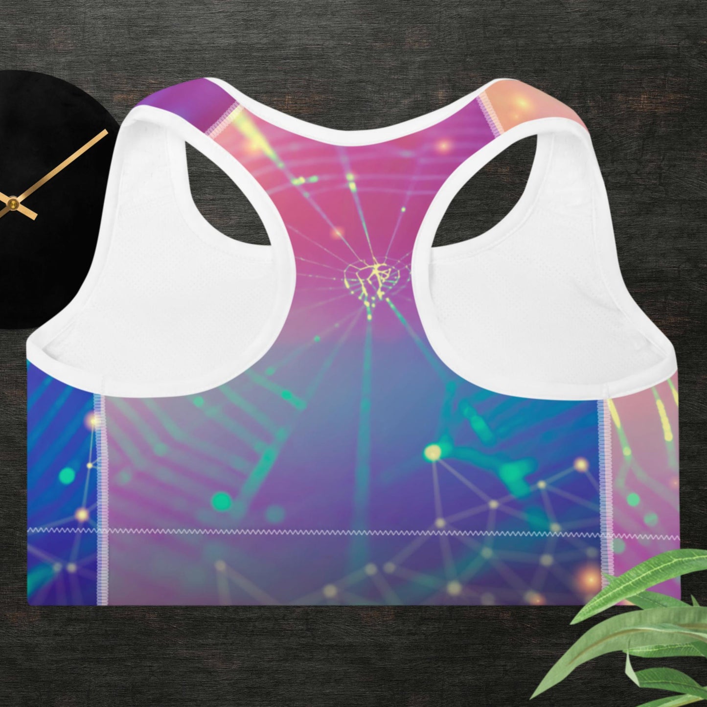 Network connection and technology concept, of spider web with lines and dots symbol, Padded Sports Bra