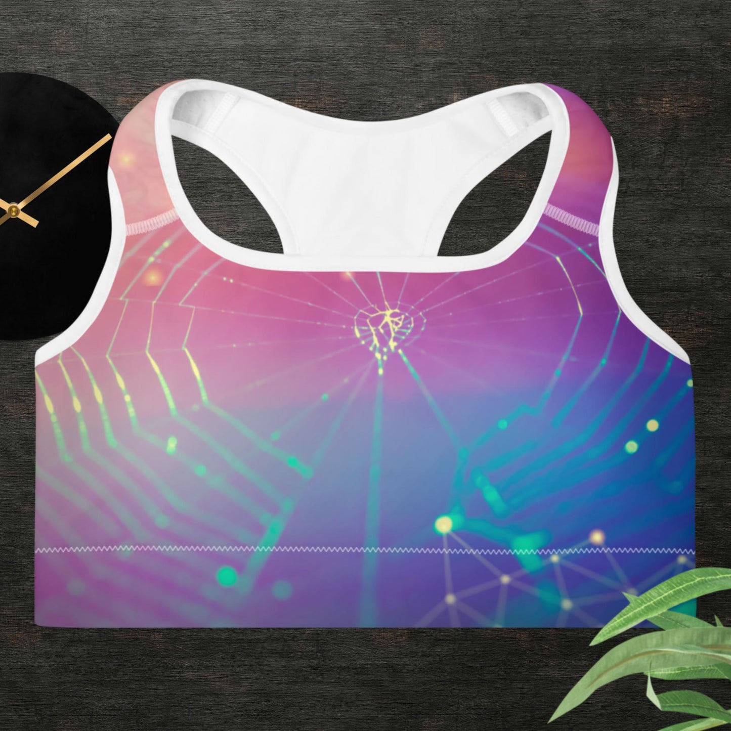 Network connection and technology concept, of spider web with lines and dots symbol, Padded Sports Bra