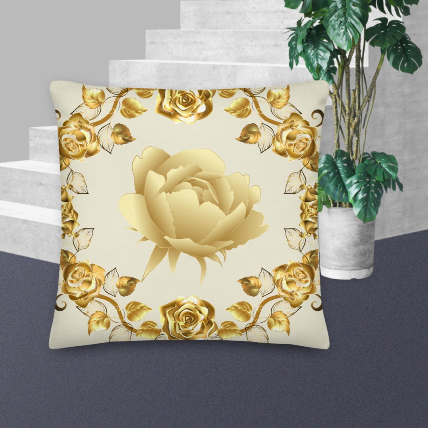Simmetric Garland Of Gold Roses, Premium Pillow
