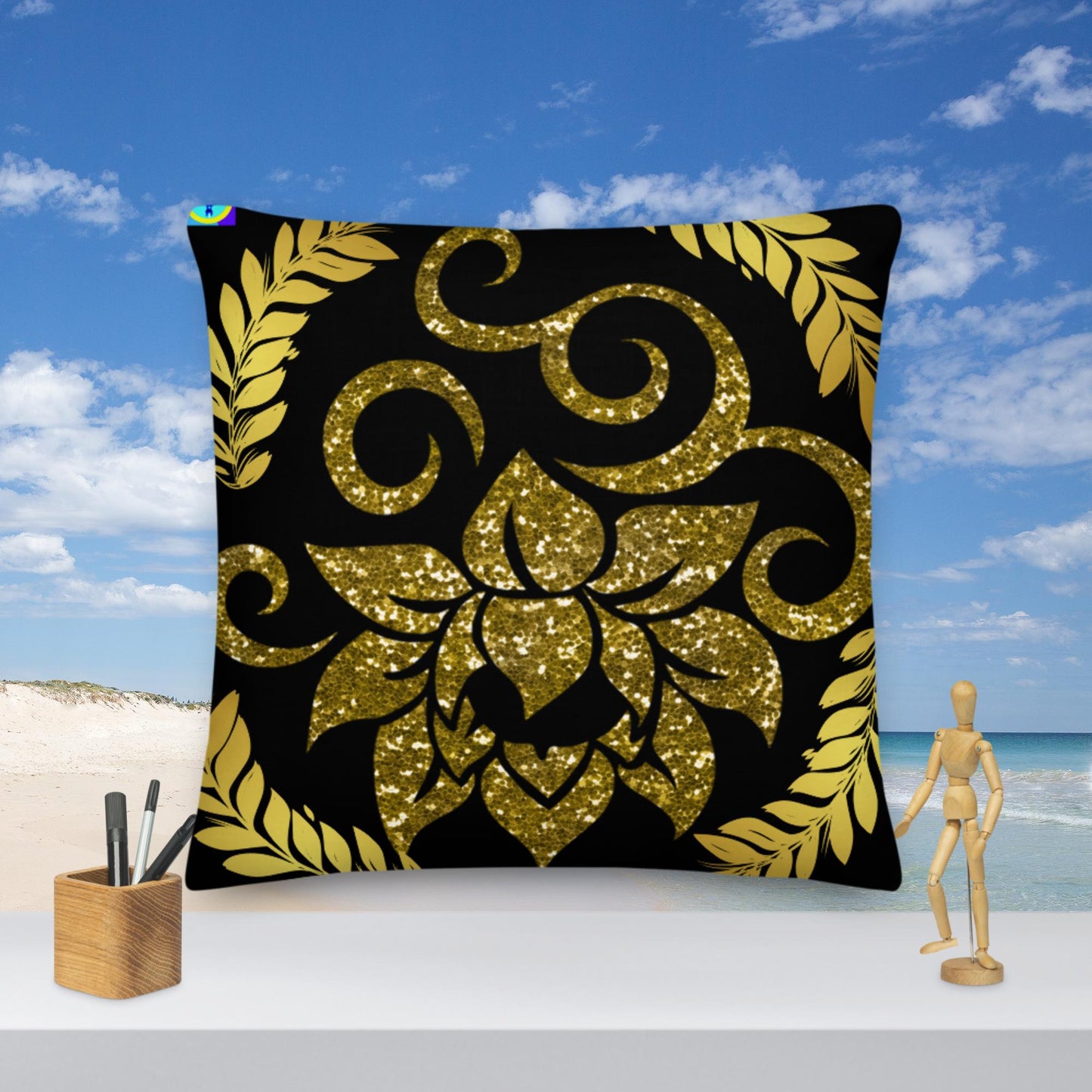 Gold Glitter Lotus Flower, Premium Pillow