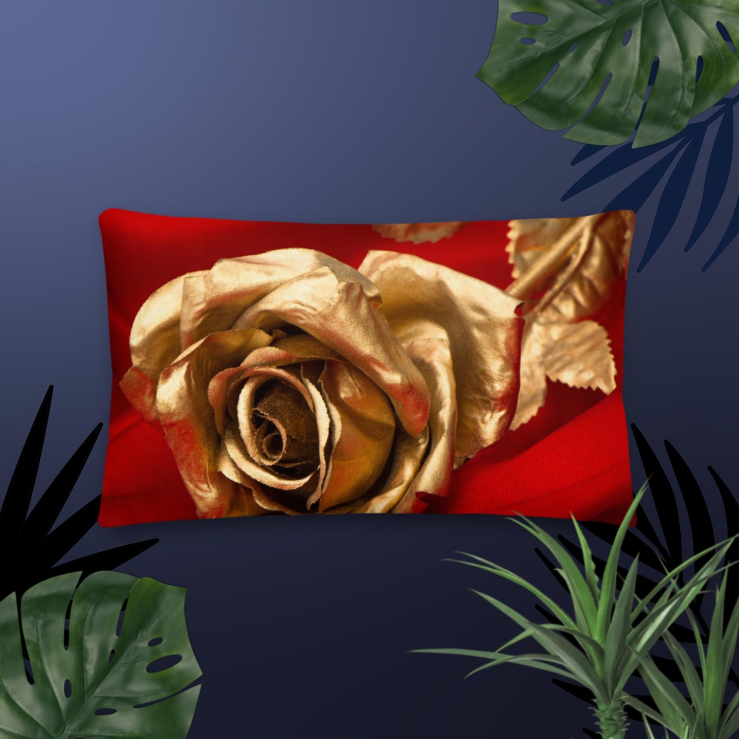 Golden rose, Red satin background, Premium Pillow