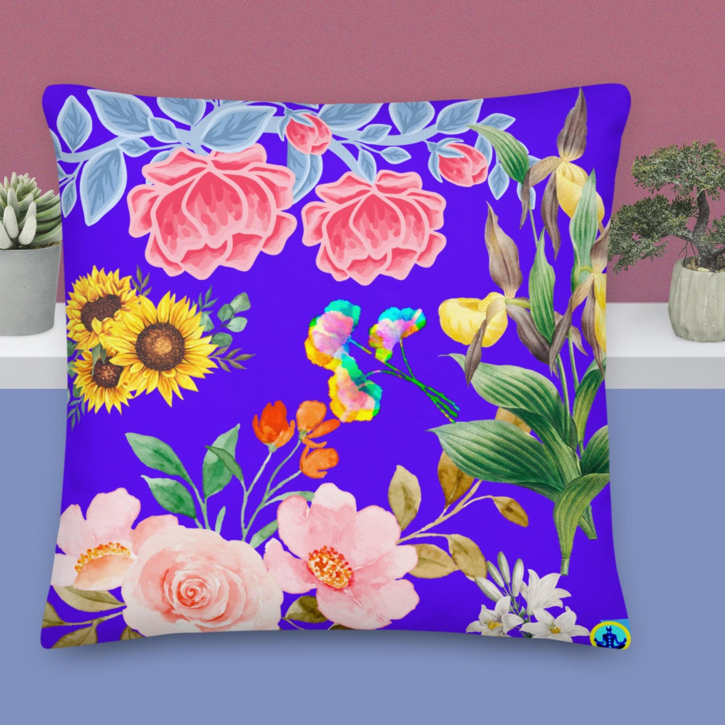 Calmness Designs Rose Blue Flowers,, Premium Pillow