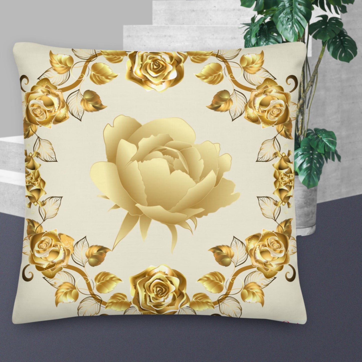 Simmetric Garland Of Gold Roses, Premium Pillow