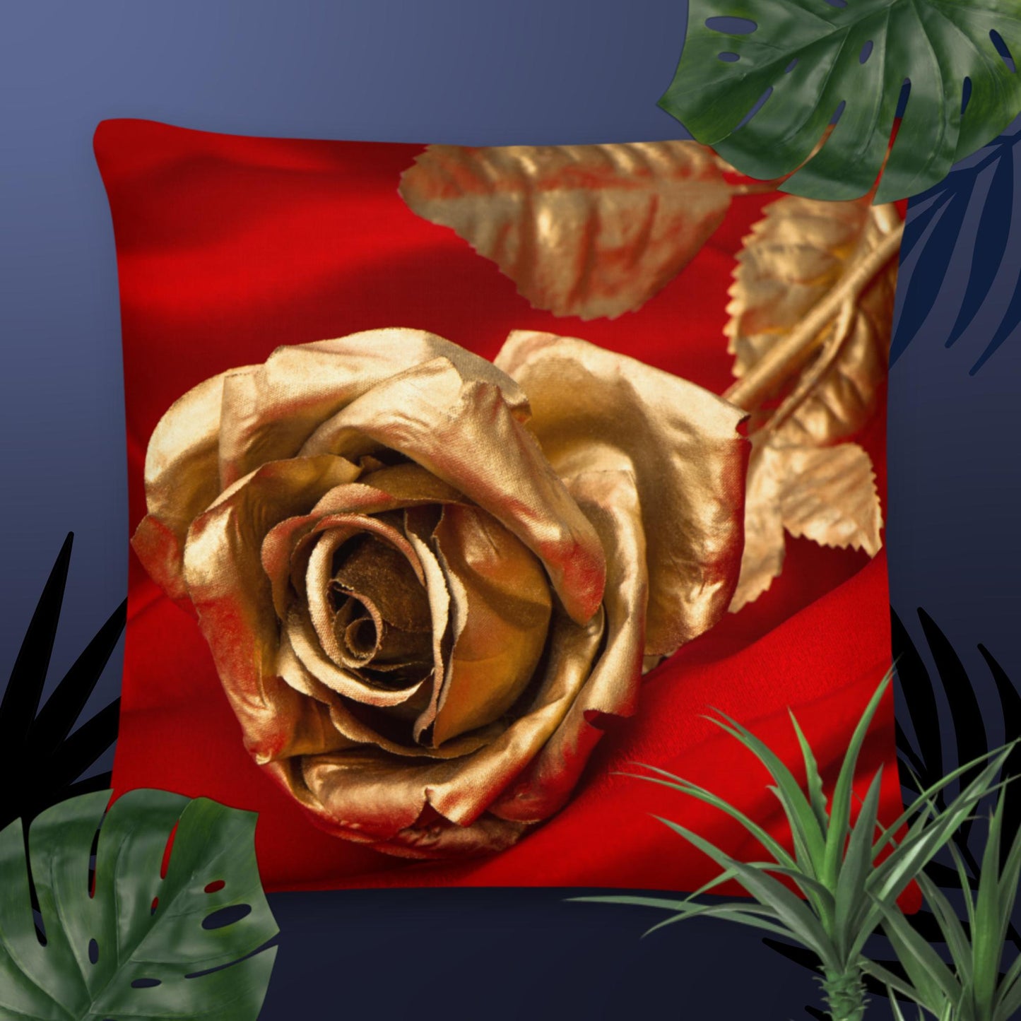 Golden rose, Red satin background, Premium Pillow