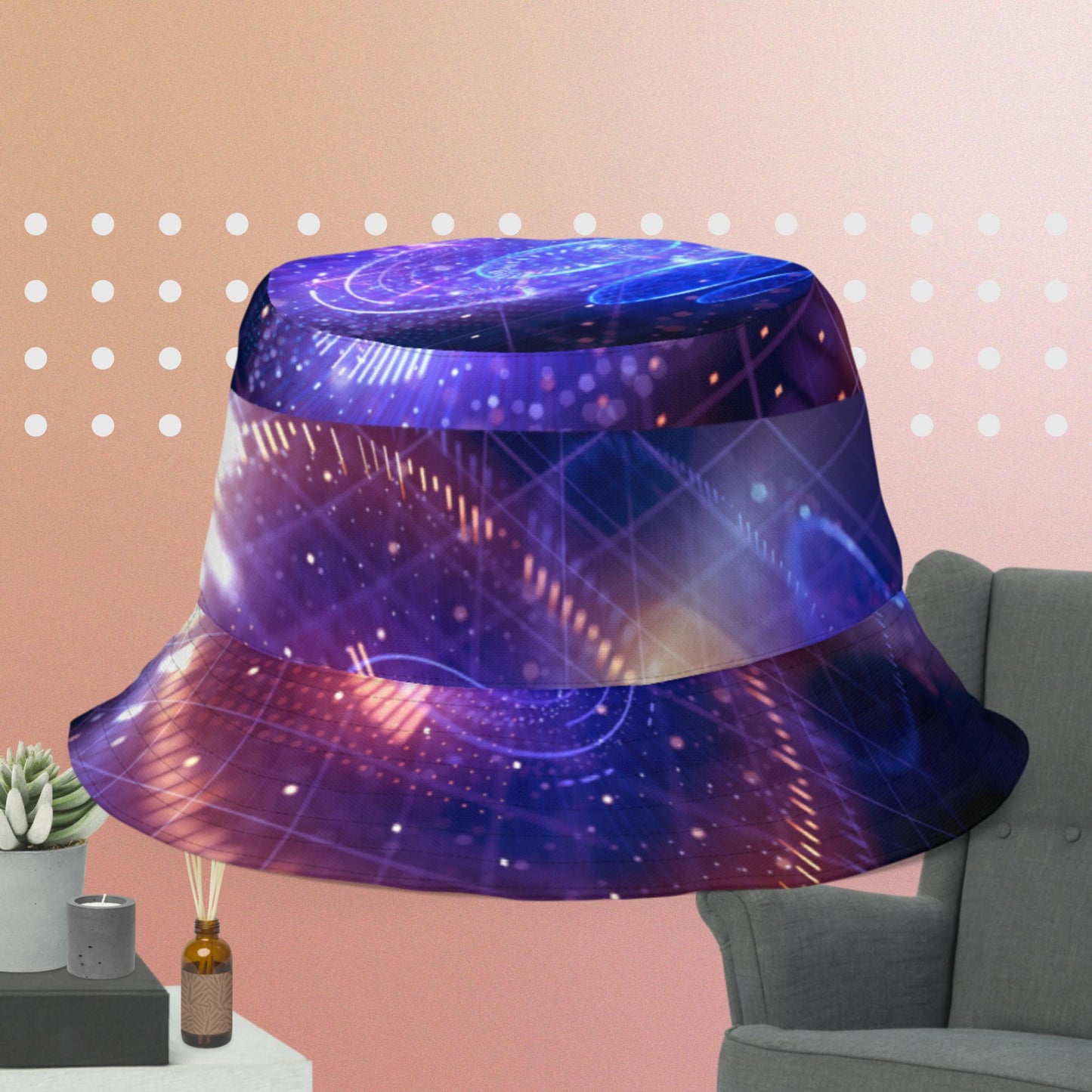 Big data abstract background with neon dots and lines, Reversible bucket hat