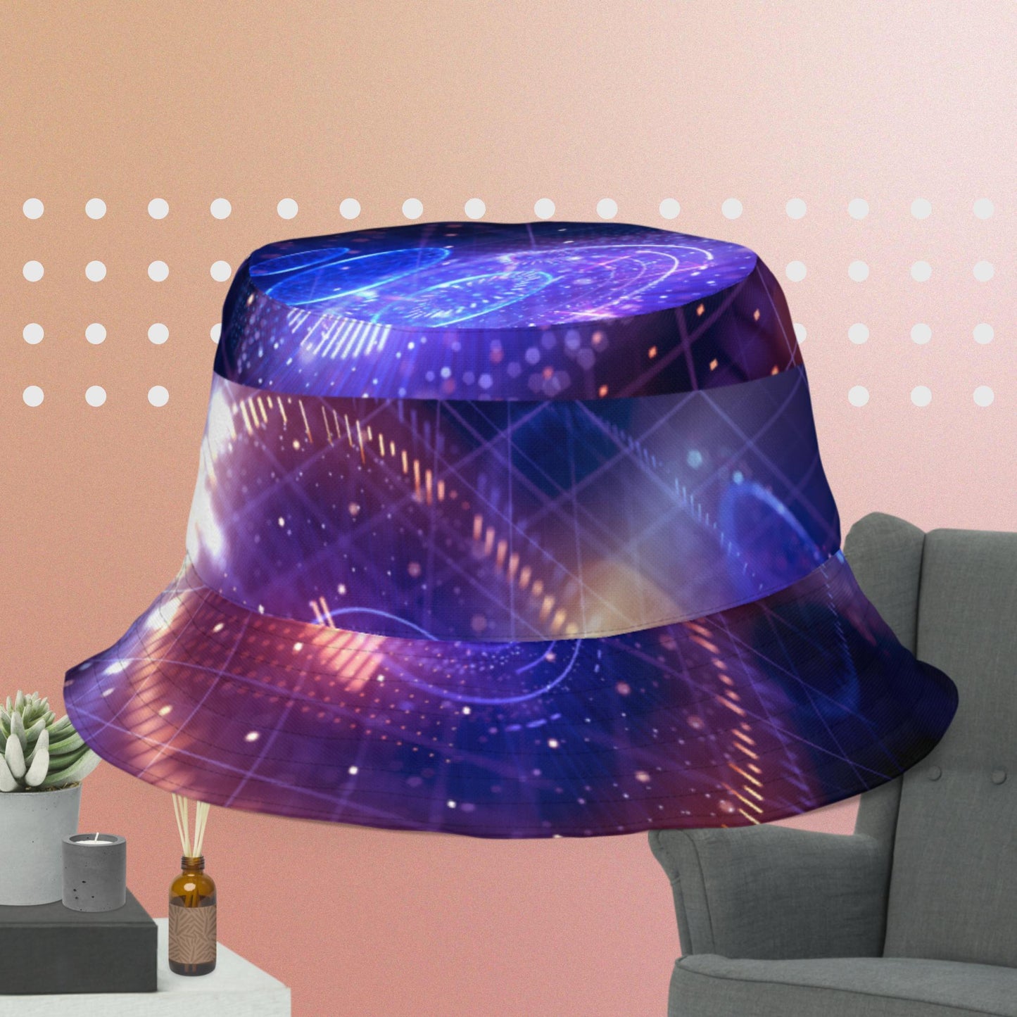 Big data abstract background with neon dots and lines, Reversible bucket hat