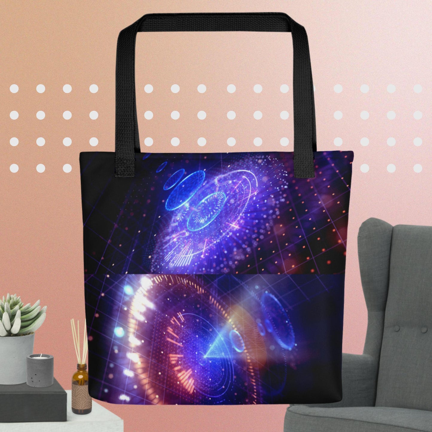 Big data abstract background with neon dots and lines, Tote bag