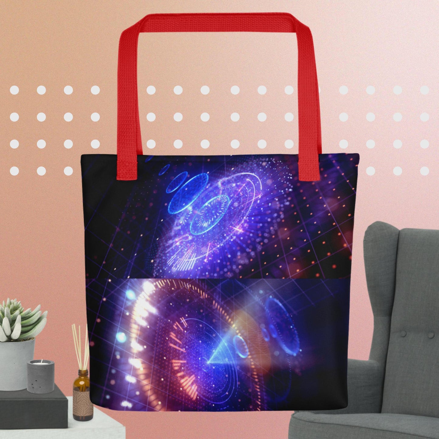 Big data abstract background with neon dots and lines, Tote bag