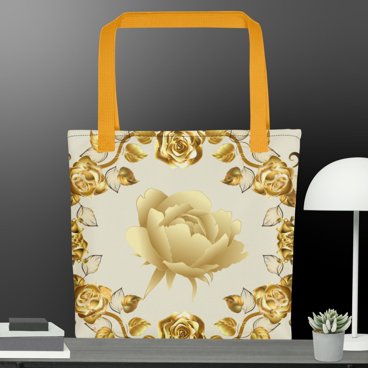 Simmetric Garland Of Gold Roses, Tote bag