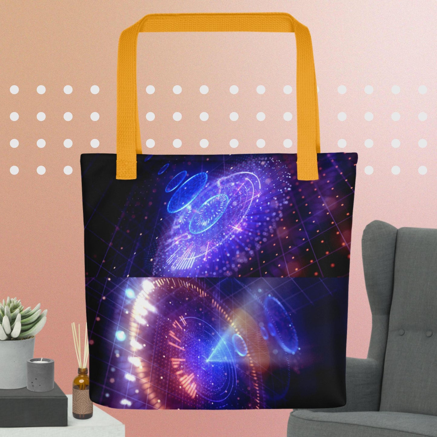 Big data abstract background with neon dots and lines, Tote bag