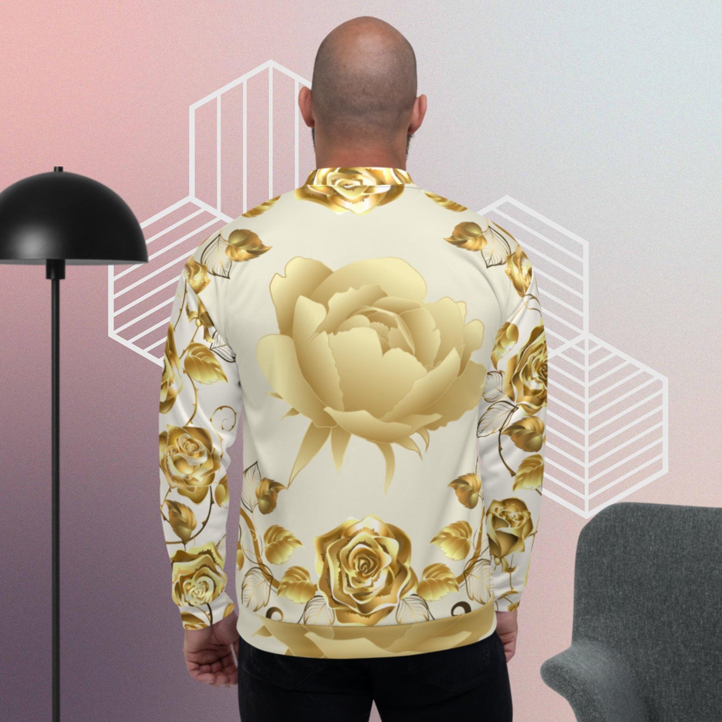 Simmetric Garland Of Gold Roses, Unisex Bomber Jacket