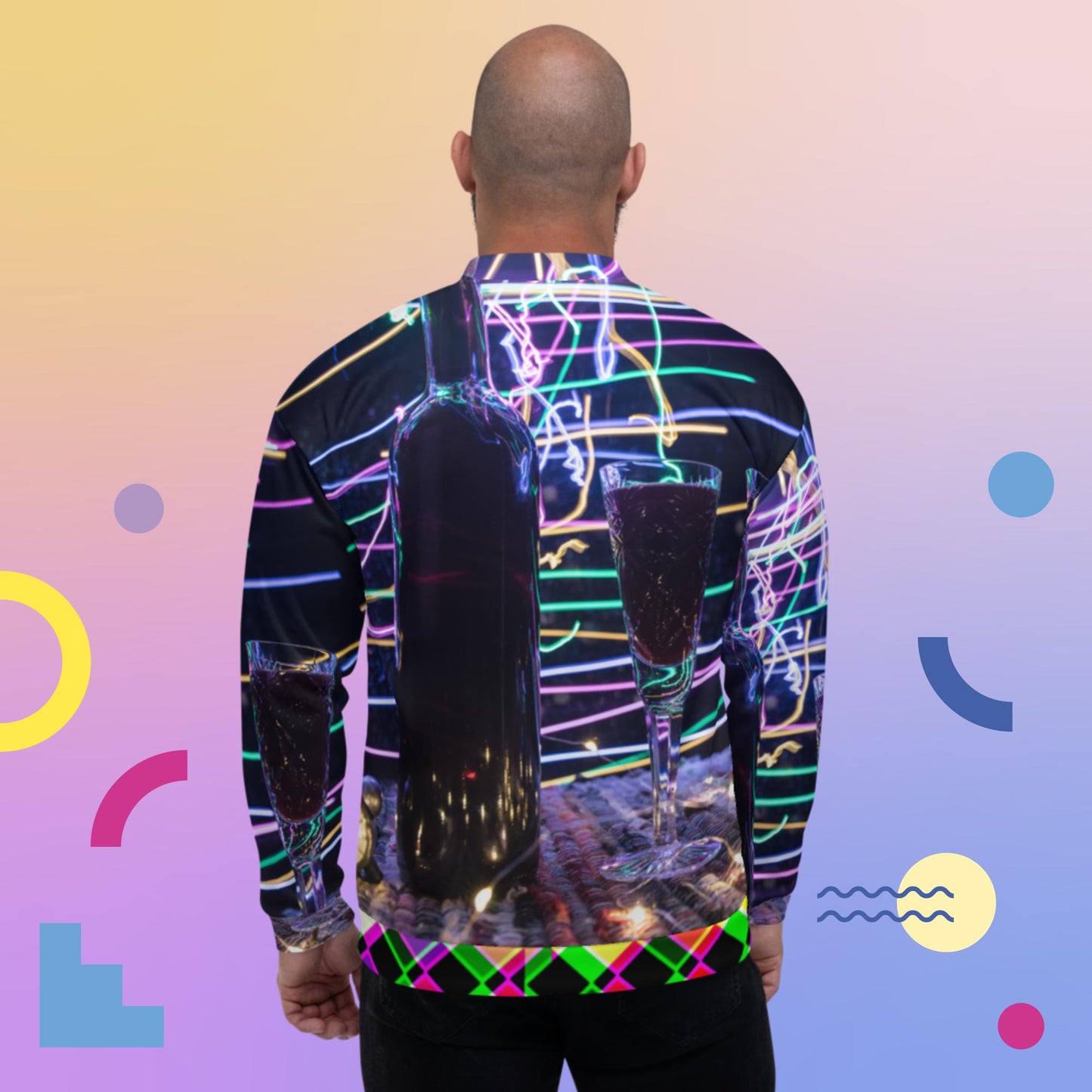 men Red Wine in Crystal Glass With Bottle Colorful Carpet, Bomber Jacket