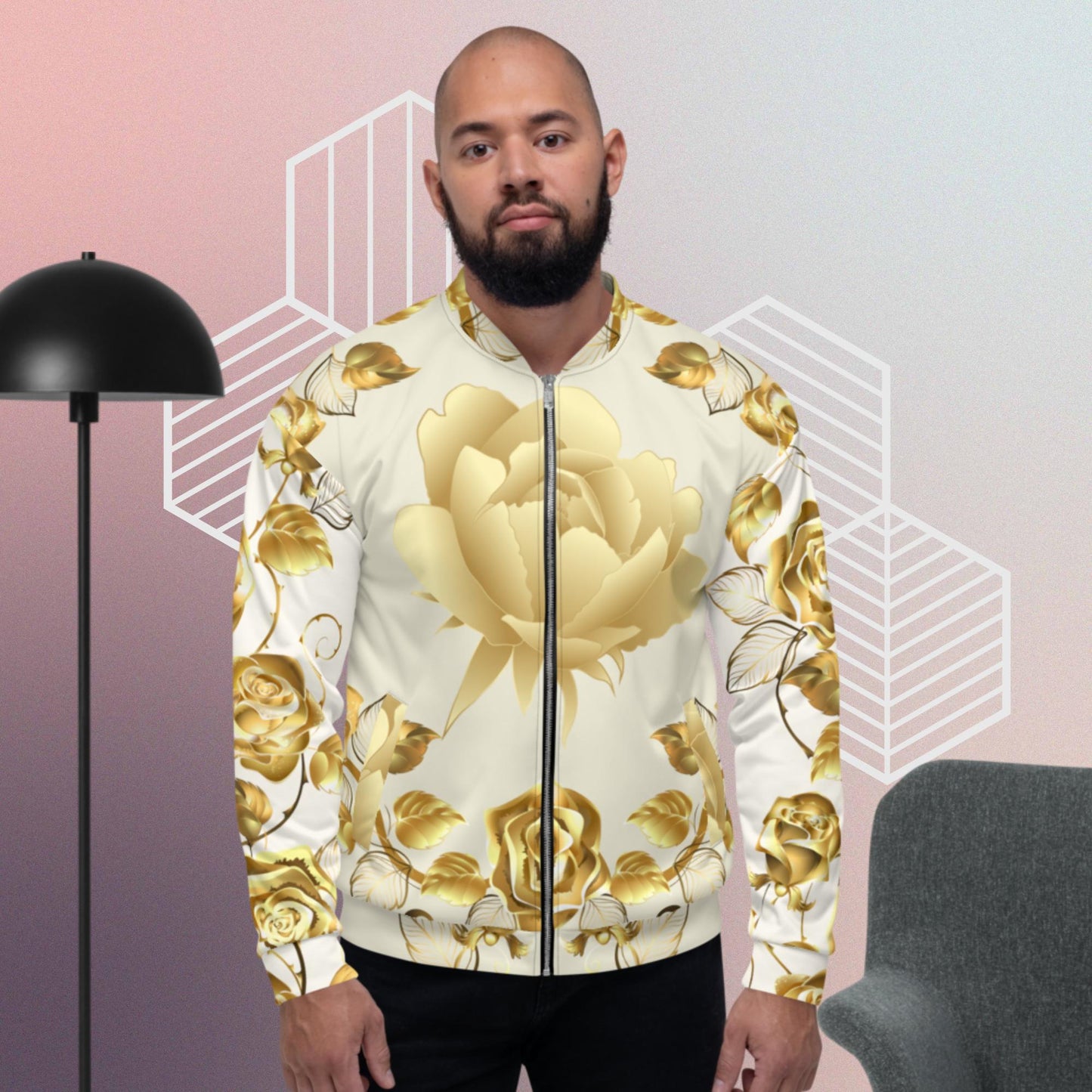 Simmetric Garland Of Gold Roses, Unisex Bomber Jacket