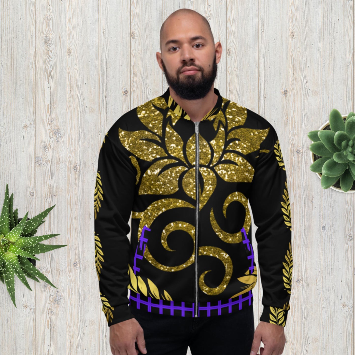 Gold Glitter Lotus Flower Unisex Bomber Jacket