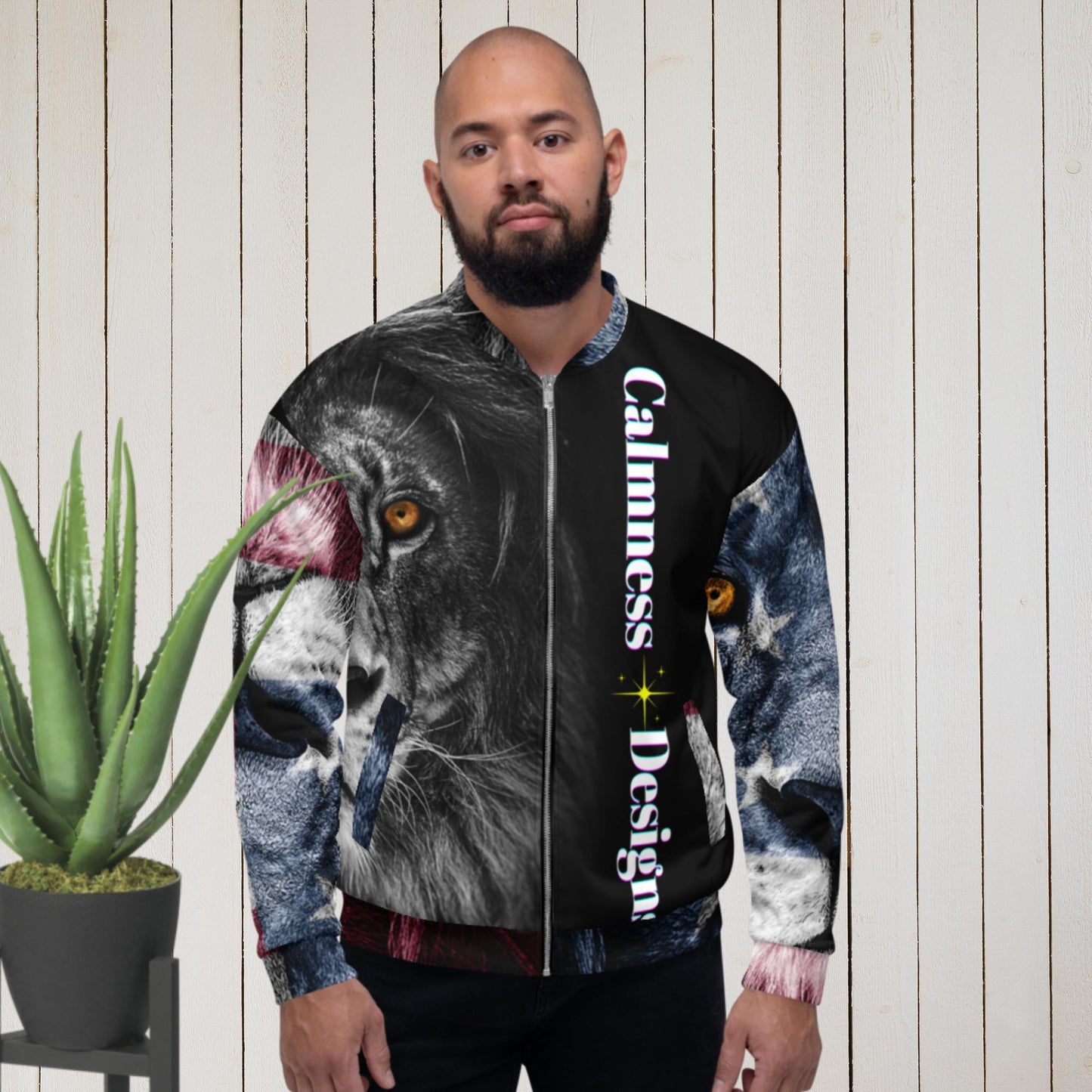 Born-Wild and Free, Lions-Head, USA-Flag, Unisex Bomber Jacket