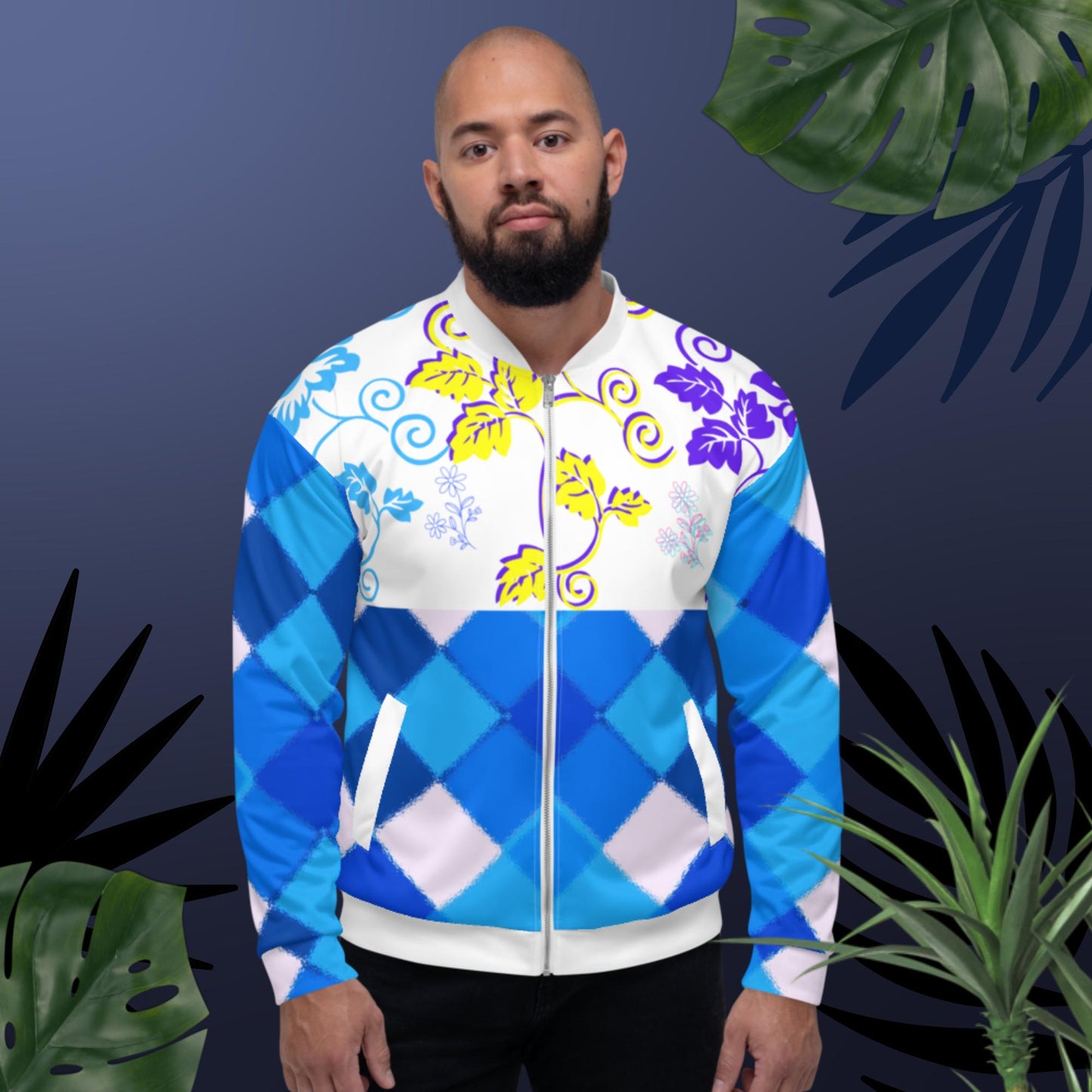Seamless Multicolored Triangle Pattern, Garden-Flowers, Bomber Jacket