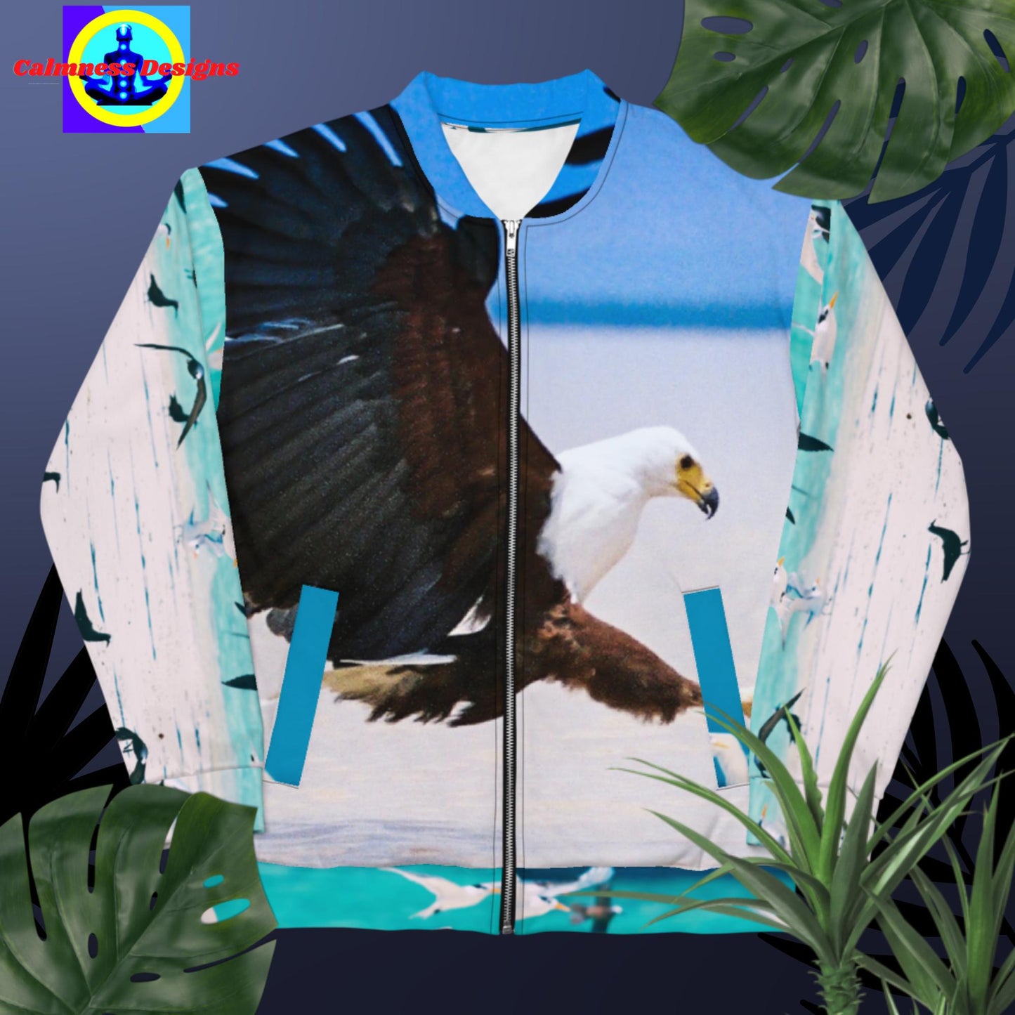Eagle in Flight Catching it's Prey Fish Lake Bogoria Kenya Africa, Bomber Jacket