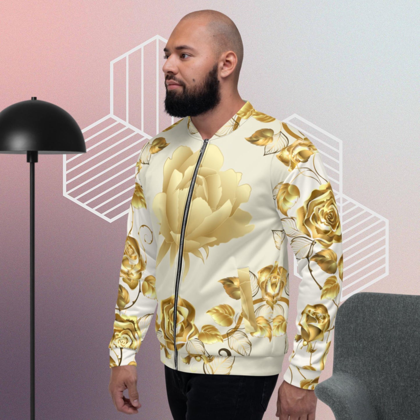 Simmetric Garland Of Gold Roses, Unisex Bomber Jacket