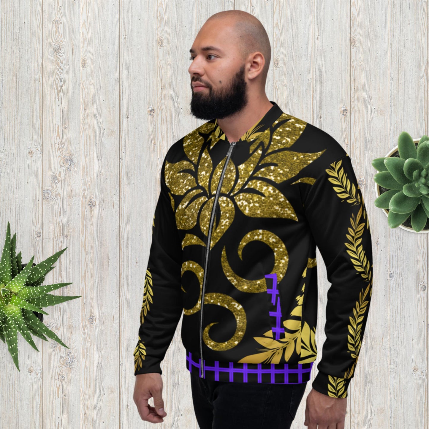 Gold Glitter Lotus Flower Unisex Bomber Jacket