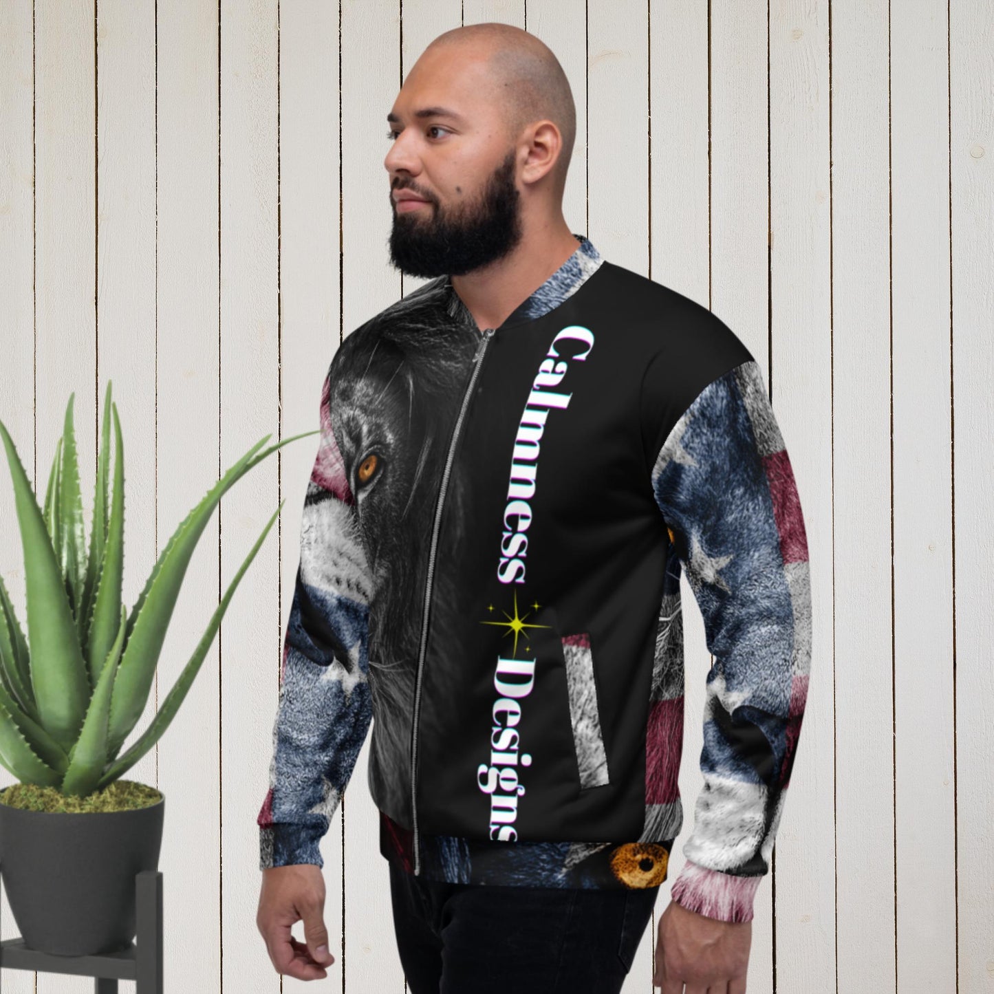 Born-Wild and Free, Lions-Head, USA-Flag, Unisex Bomber Jacket
