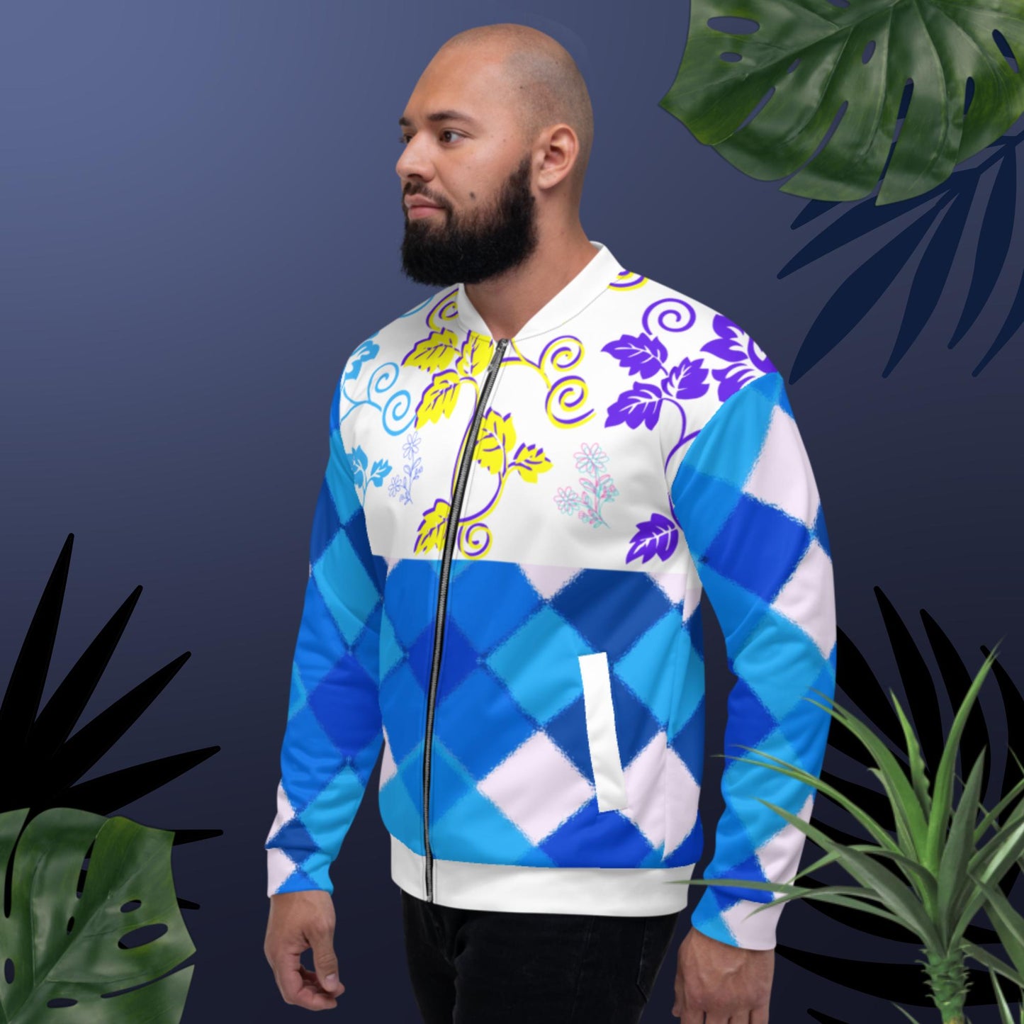 Seamless Multicolored Triangle Pattern, Garden-Flowers, Bomber Jacket