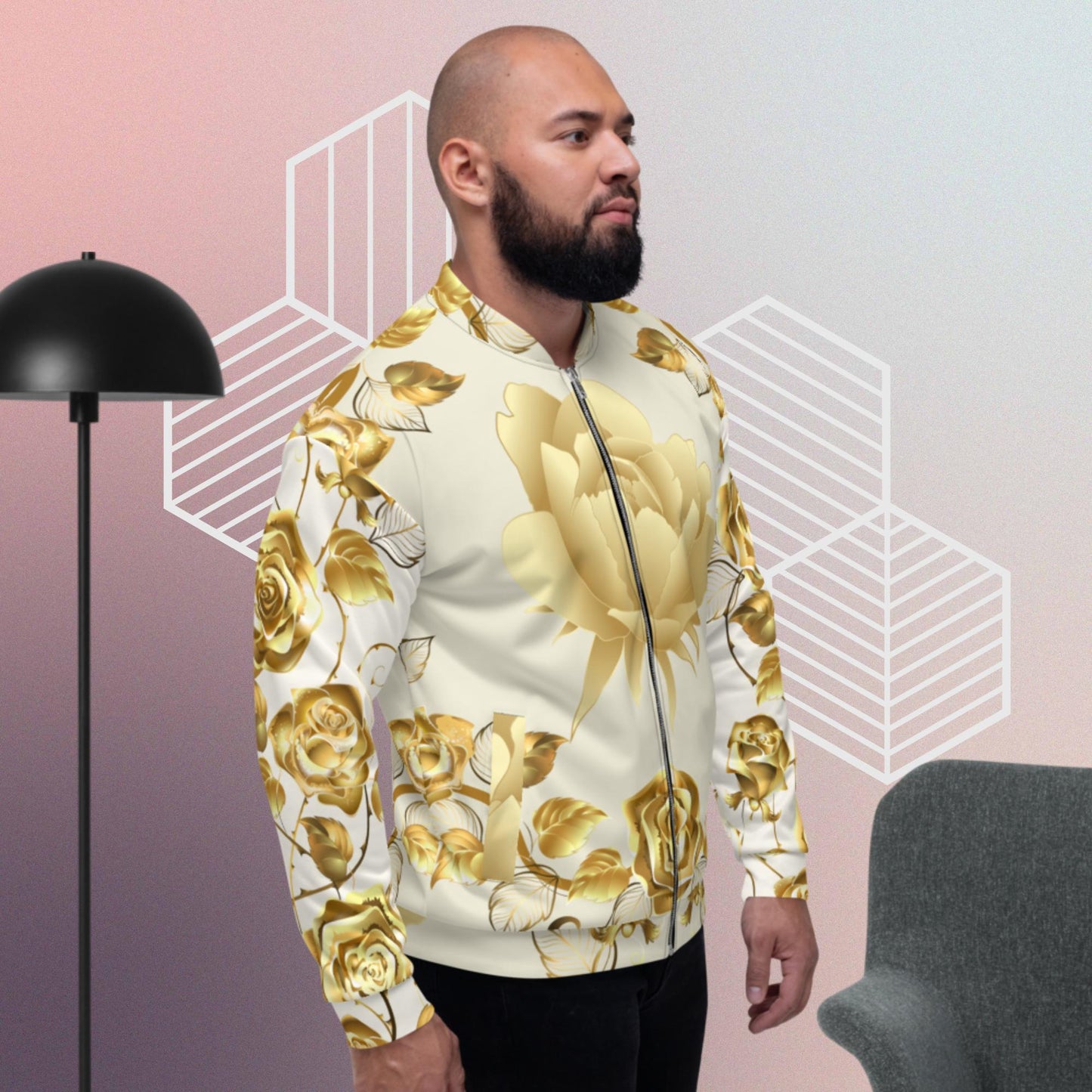 Simmetric Garland Of Gold Roses, Unisex Bomber Jacket